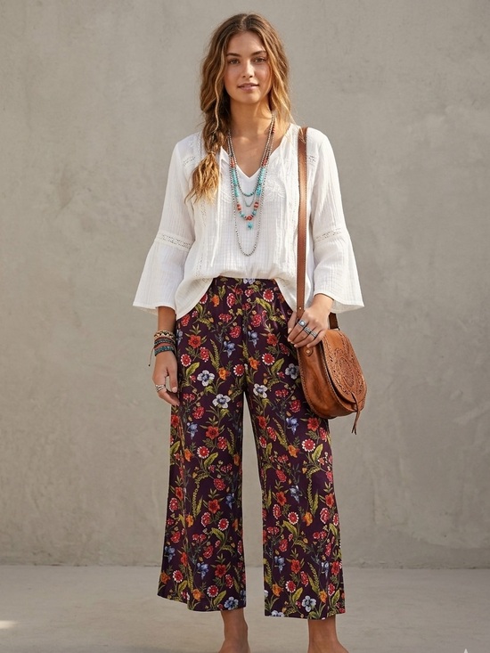 Angie Pants - Angie Boho Red Floral Wide Leg Pants Size Small